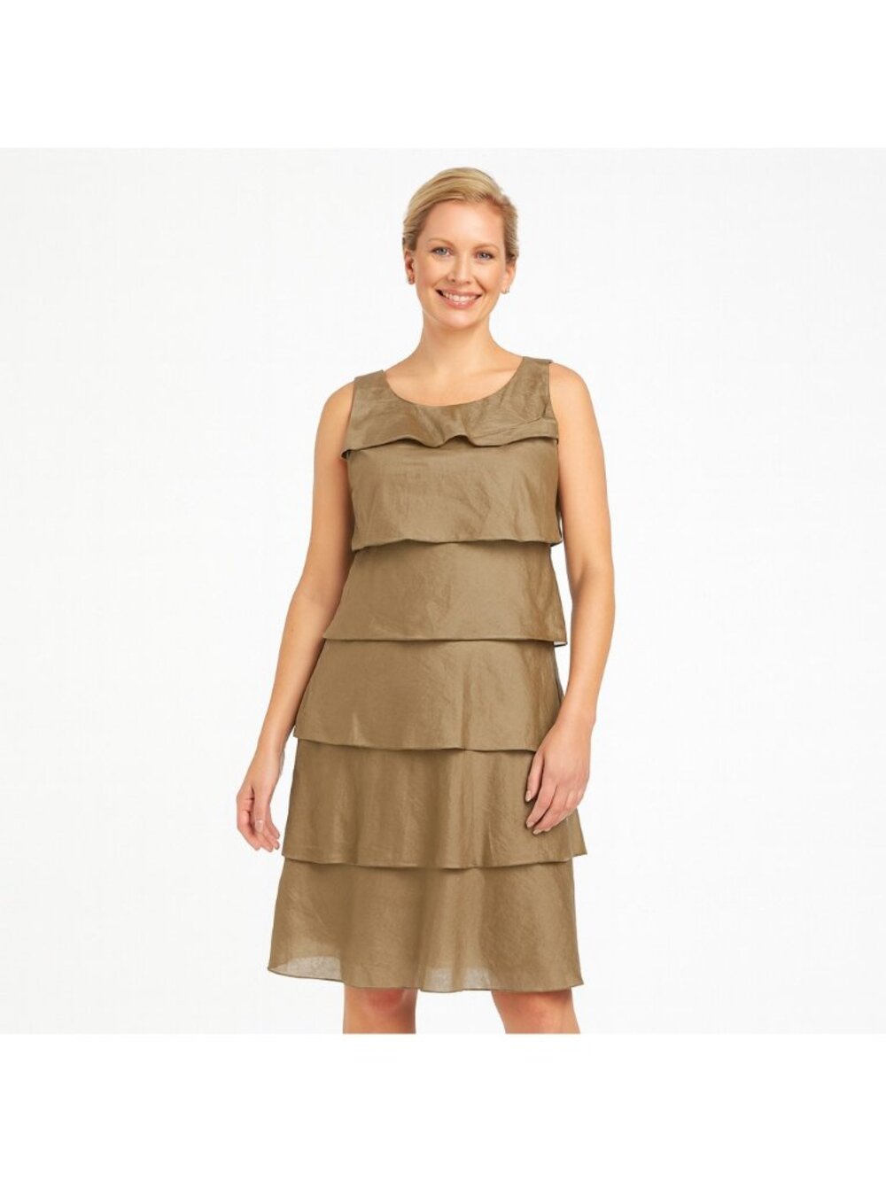 TALBOTS Womens Tiered Shift Dress Olive Green Layered Semi-Formal Cotton Size 6